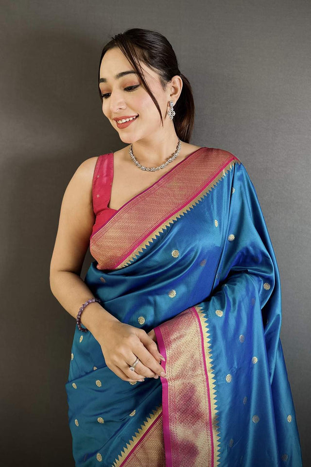 Blue Paithani Peacock Woven Silk Saree (ND103)