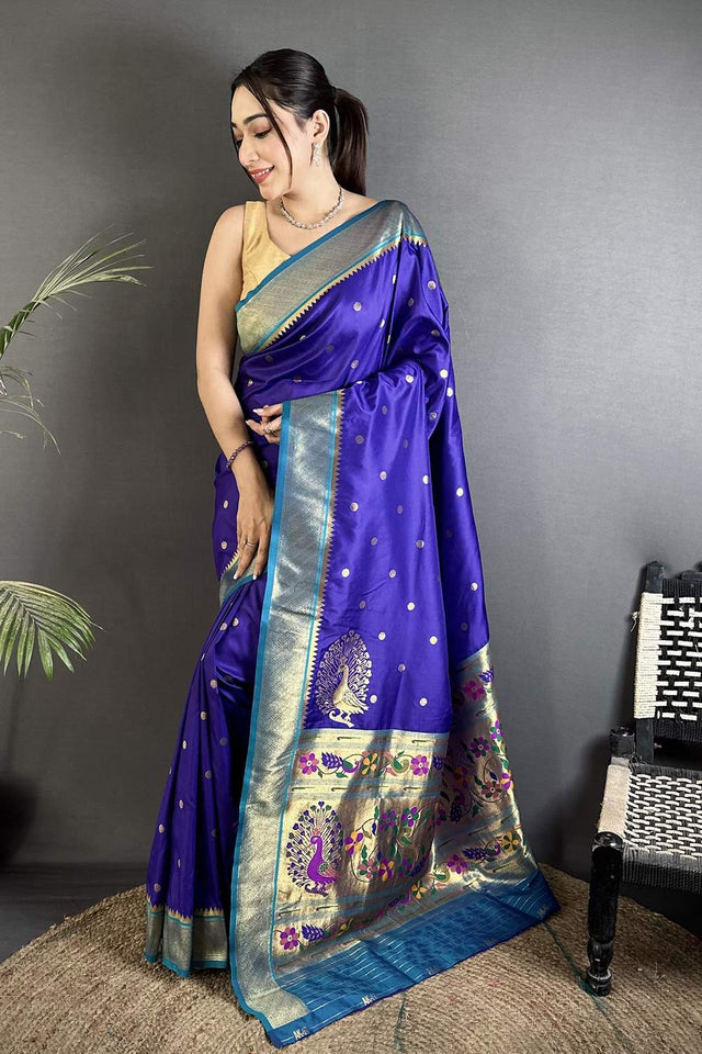 Royal Blue Paithani Peacock Woven Silk Saree (ND105)