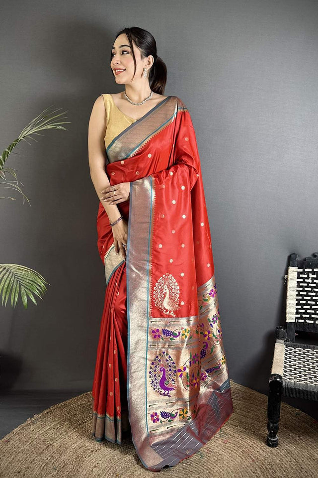 Red Paithani Peacock Woven Silk Saree (ND106)