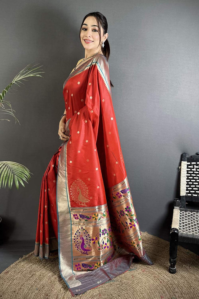 Red Paithani Peacock Woven Silk Saree (ND106)