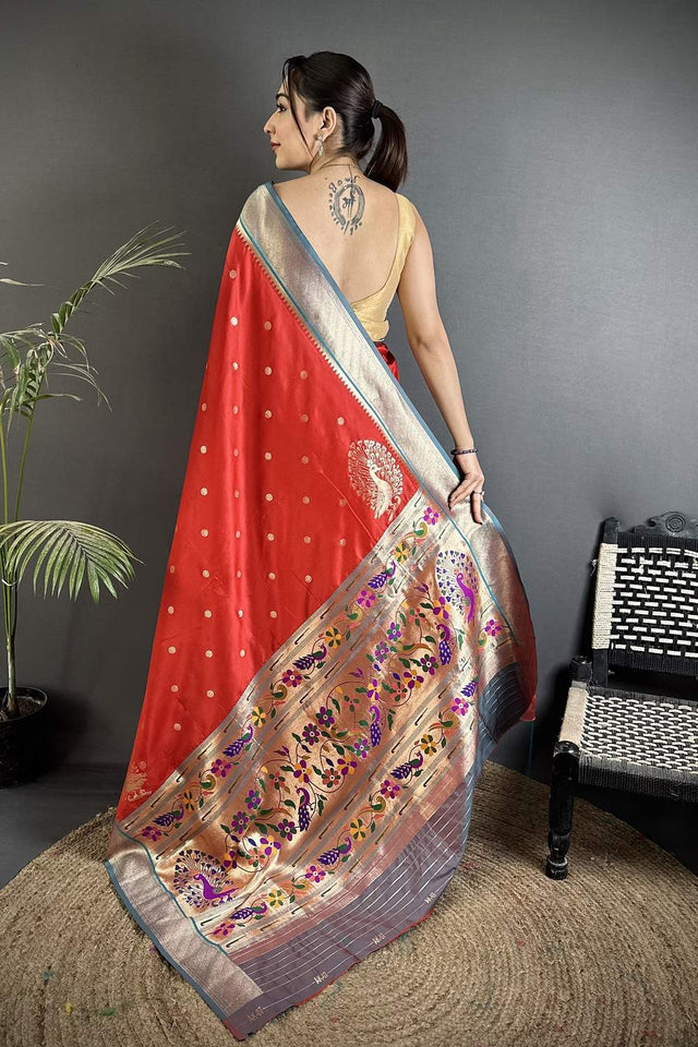 Red Paithani Peacock Woven Silk Saree (ND106)