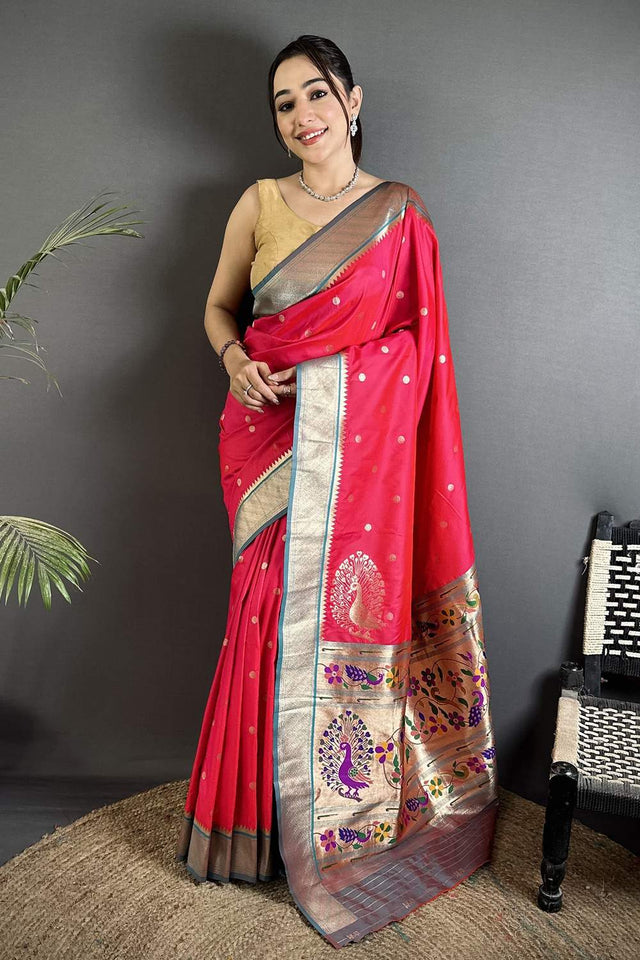 Pink Paithani Peacock Woven Silk Saree (ND107)
