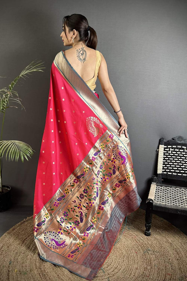 Pink Paithani Peacock Woven Silk Saree (ND107)