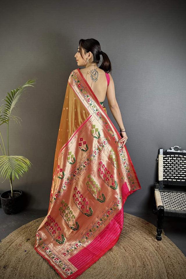 Peach Paithani Floral Woven Silk Saree (ND201)