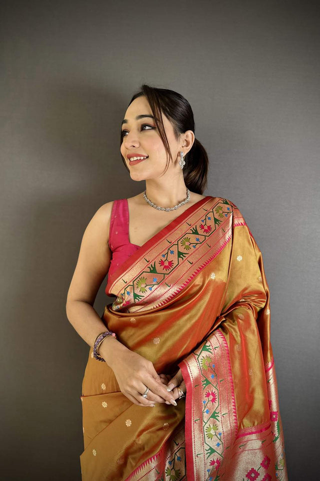 Peach Paithani Floral Woven Silk Saree (ND201)