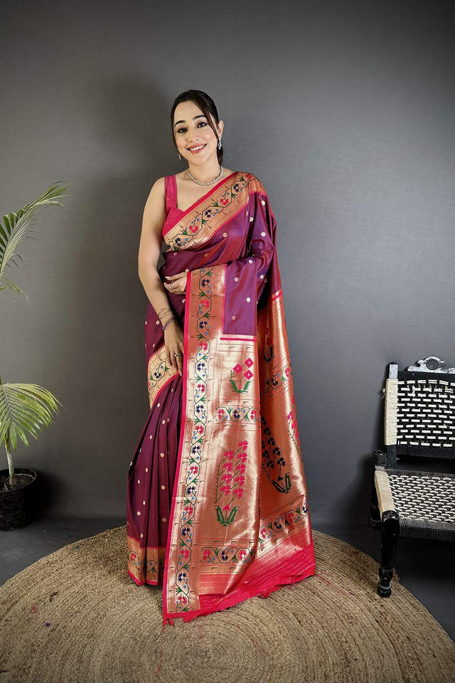 Wine Paithani Floral Woven Silk Saree (ND203)