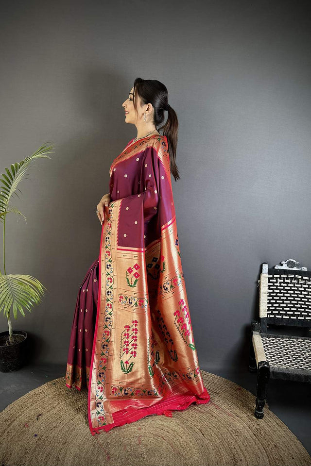 Wine Paithani Floral Woven Silk Saree (ND203)