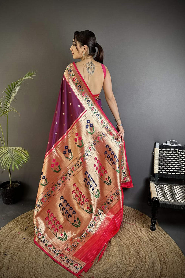 Wine Paithani Floral Woven Silk Saree (ND203)