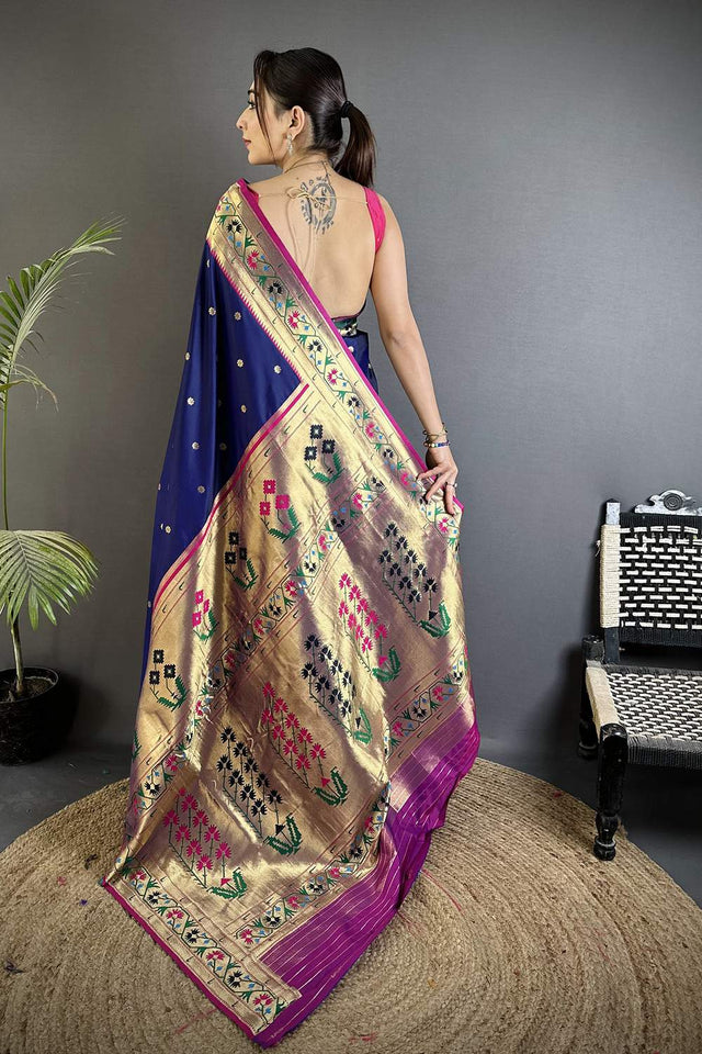Royal Blue Paithani Floral Woven Silk Saree (ND204)