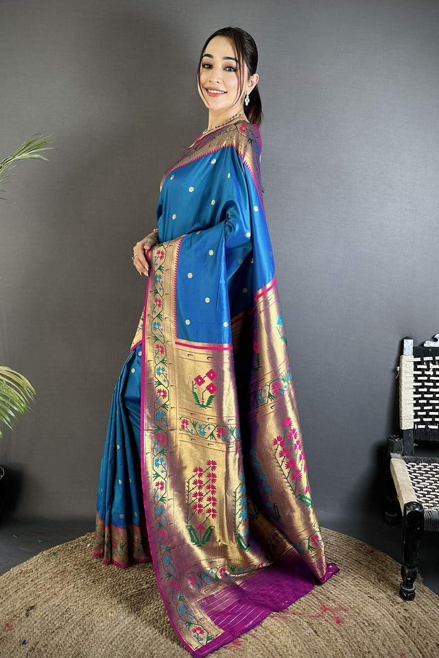 Blue Paithani Floral Woven Silk Saree (ND206)