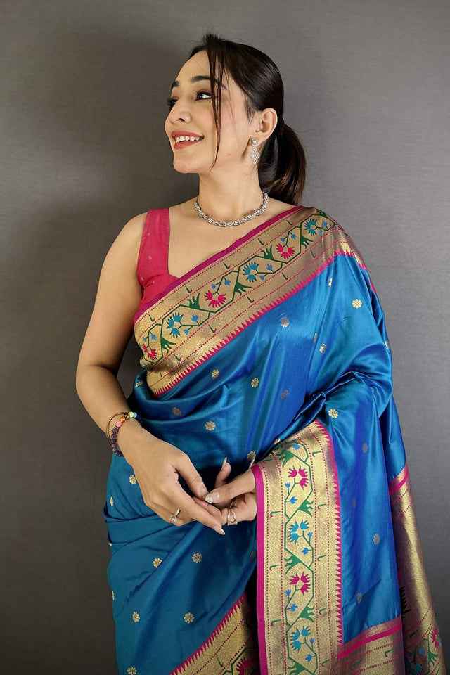 Blue Paithani Floral Woven Silk Saree (ND206)