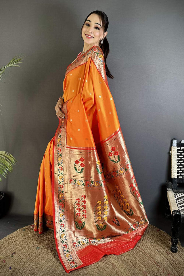 Orange Paithani Floral Woven Silk Saree (ND208)