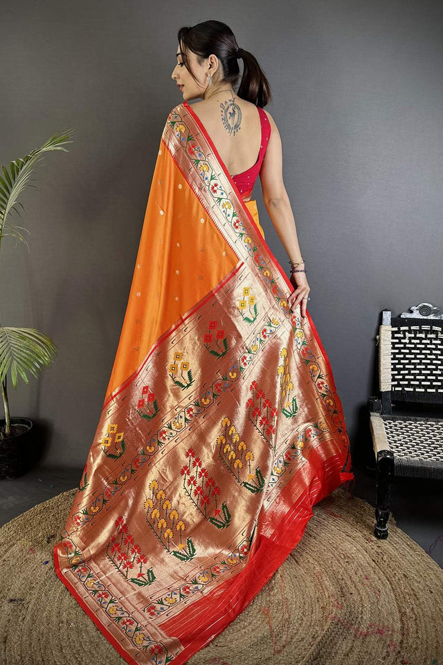 Orange Paithani Floral Woven Silk Saree (ND208)