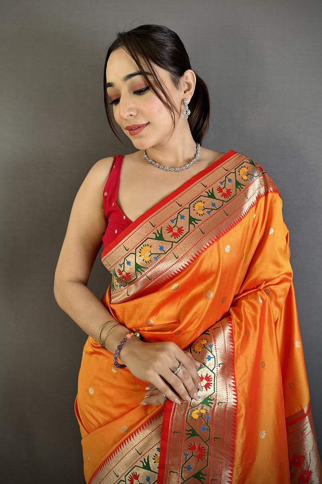 Orange Paithani Floral Woven Silk Saree (ND208)