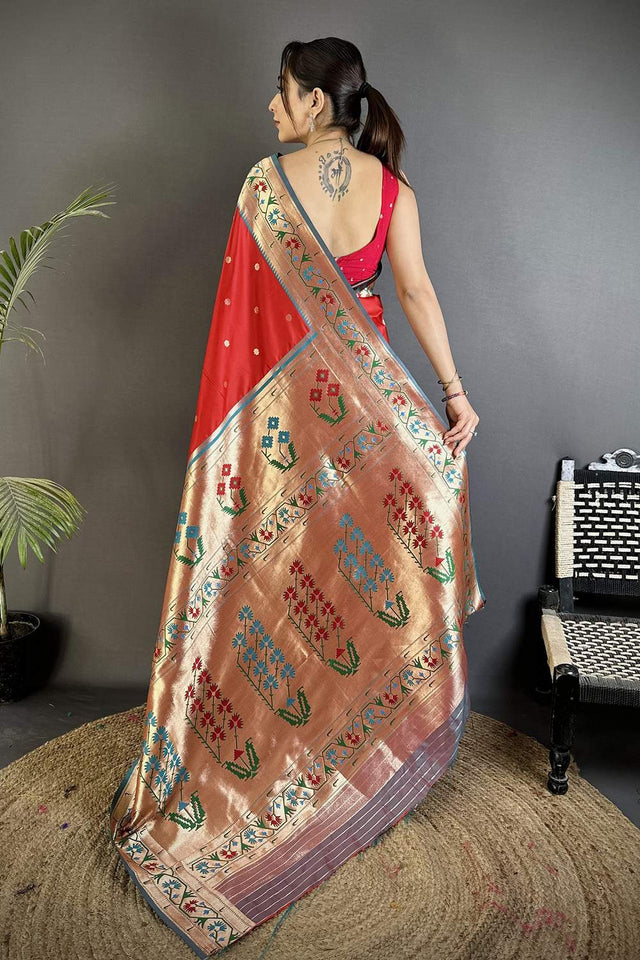 Red Paithani Floral Woven Silk Saree (ND209)