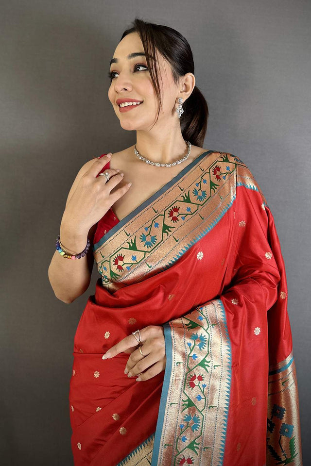 Red Paithani Floral Woven Silk Saree (ND209)