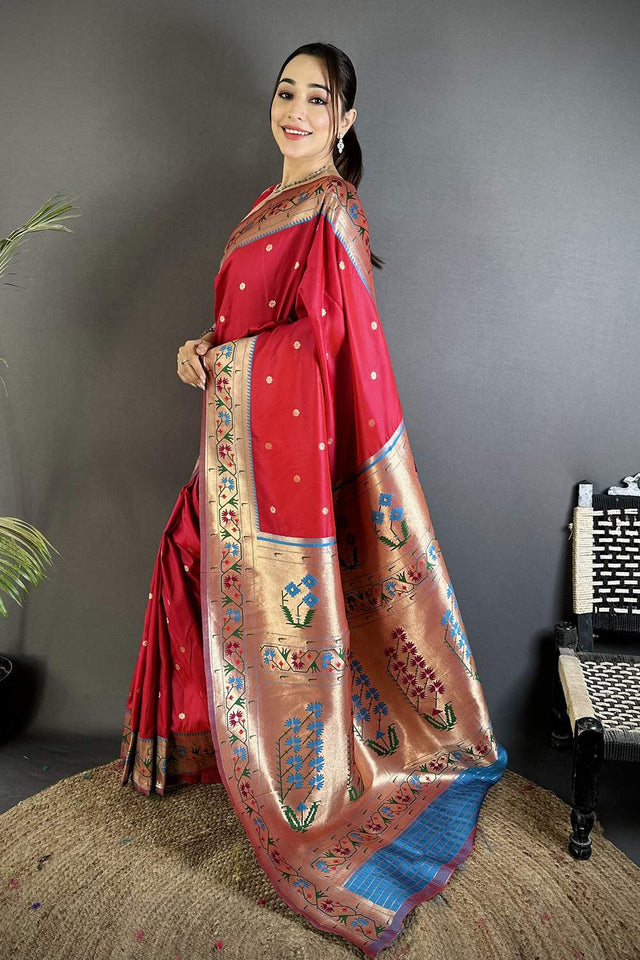 Red Paithani Floral Woven Silk Saree (ND210)