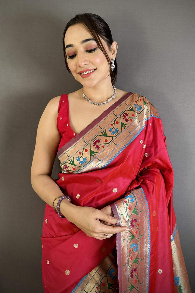 Red Paithani Floral Woven Silk Saree (ND210)