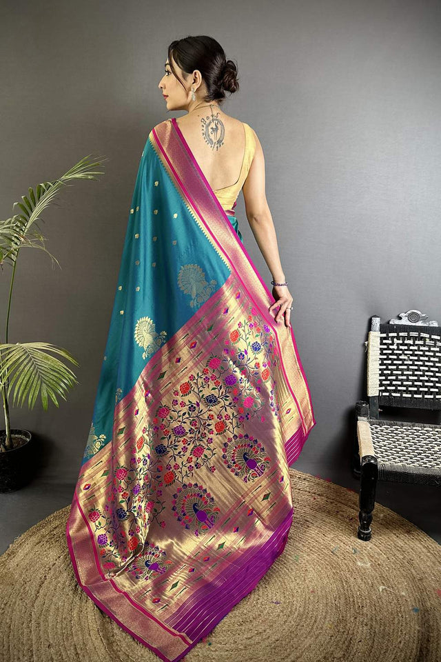 Turquoise Paithani Woven Silk Saree (ND307)