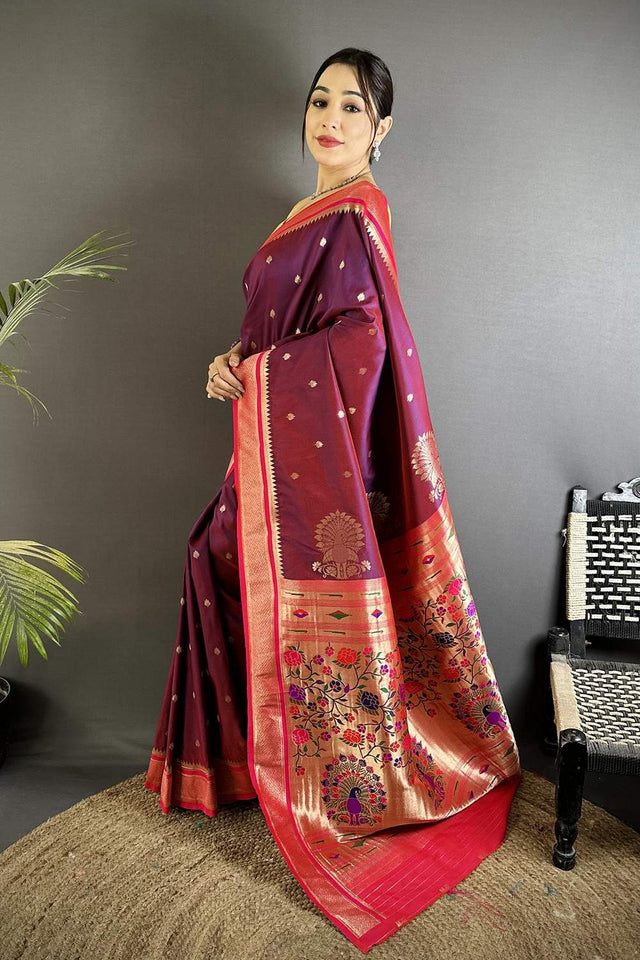 Wine Paithani Woven Silk Saree (ND308)