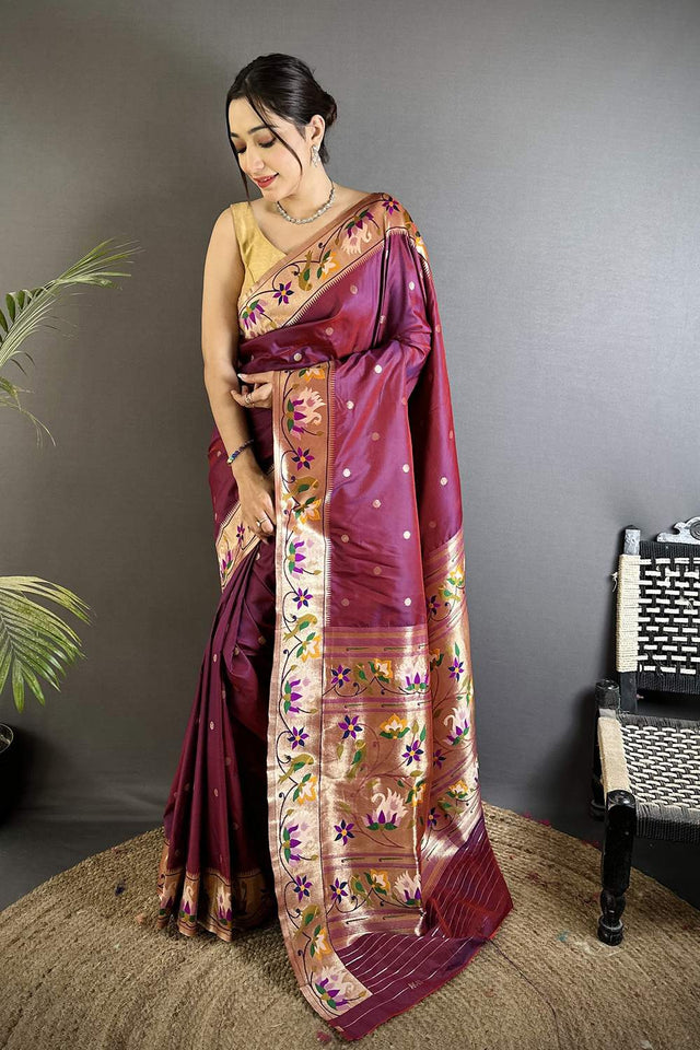 Maroon Paithani Floral Woven Silk Saree (ND402)