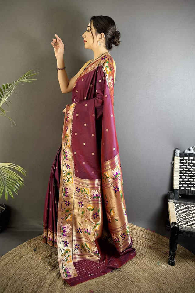 Maroon Paithani Floral Woven Silk Saree (ND402)