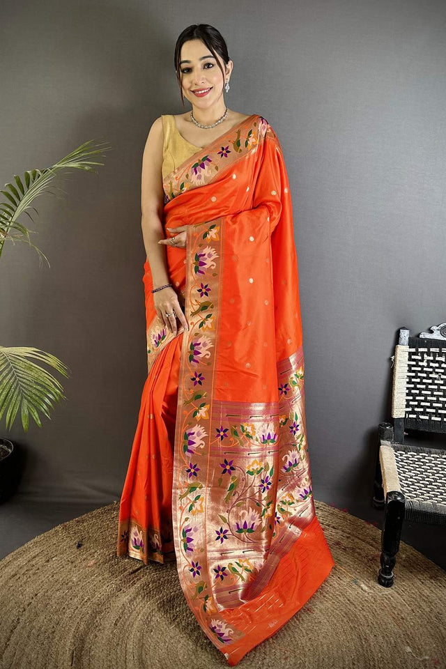 Orange Paithani Floral Woven Silk Saree (ND403)
