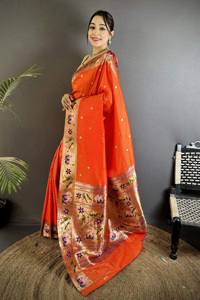 Orange Paithani Floral Woven Silk Saree (ND403)