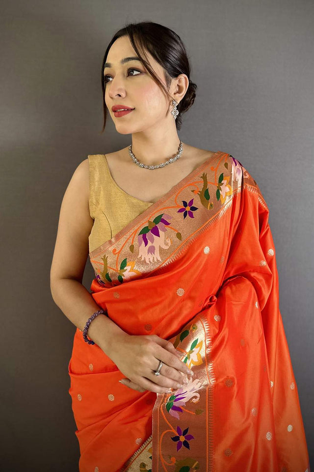 Orange Paithani Floral Woven Silk Saree (ND403)