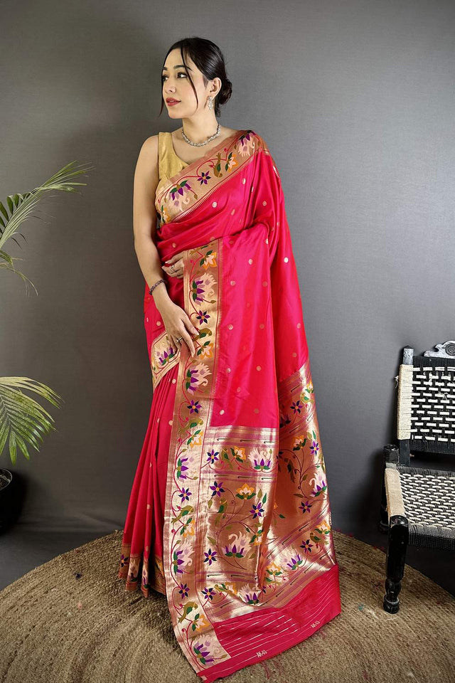 Dark Pink Paithani Floral Woven Silk Saree (ND404)