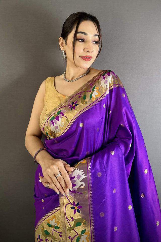 Purple Paithani Floral Woven Silk Saree (ND405)