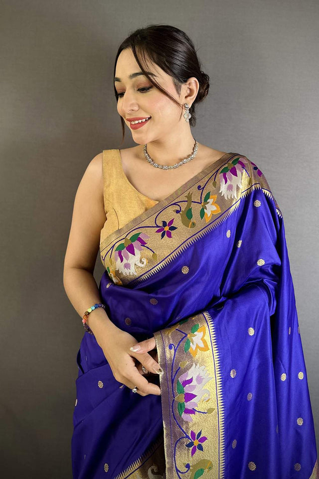Royal Blue Paithani Floral Woven Silk Saree (ND406)