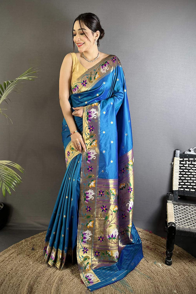 Turquoise Paithani Floral Woven Silk Saree (ND408)