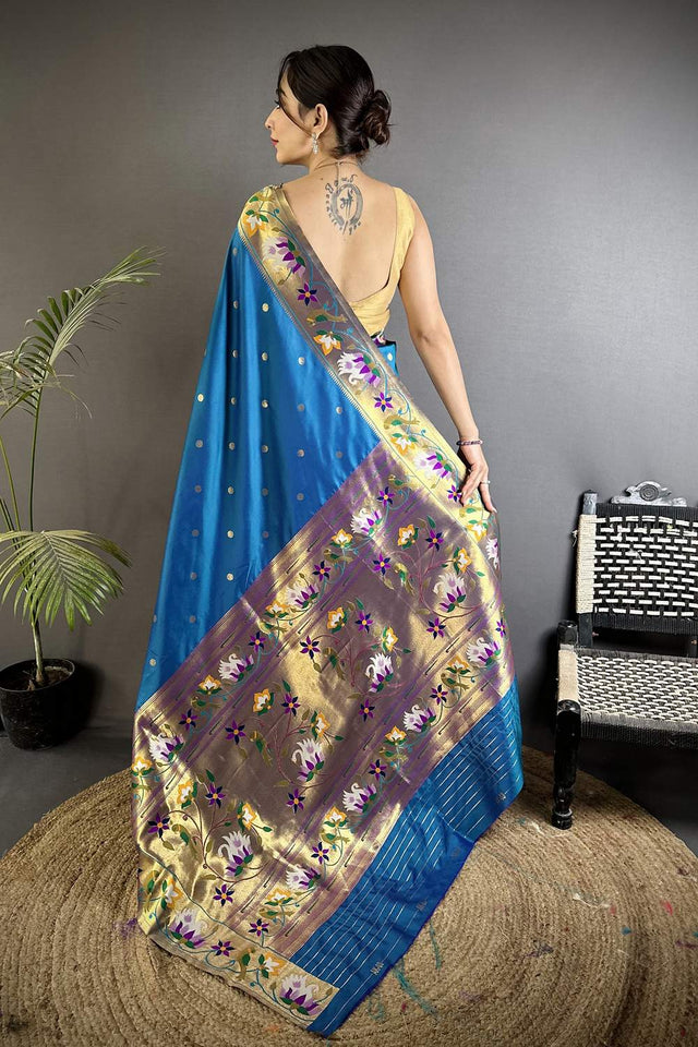 Turquoise Paithani Floral Woven Silk Saree (ND408)