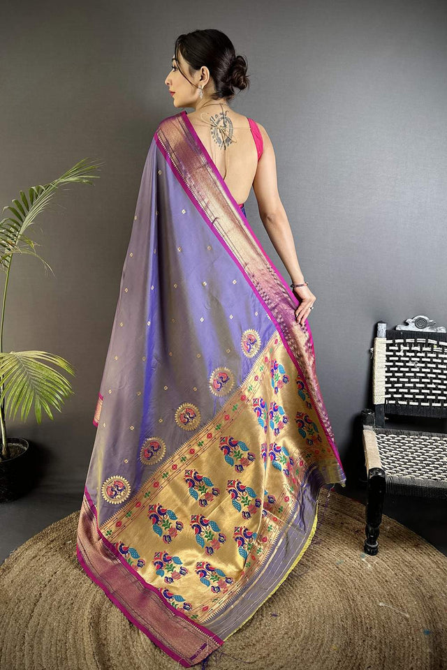 Purple Paithani Peacock Woven Silk Saree (ND503)