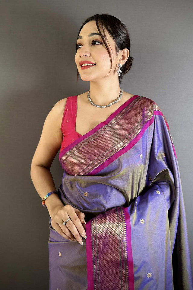 Purple Paithani Peacock Woven Silk Saree (ND503)