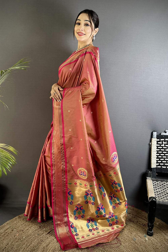 Peach Paithani Peacock Woven Silk Saree (ND504)