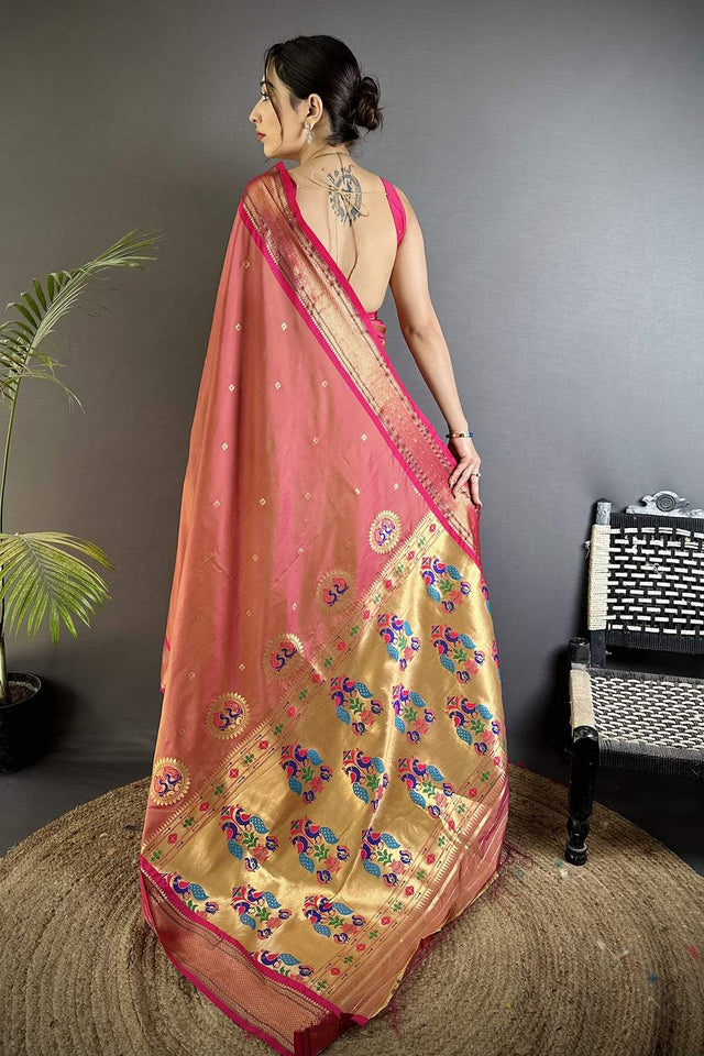 Peach Paithani Peacock Woven Silk Saree (ND504)
