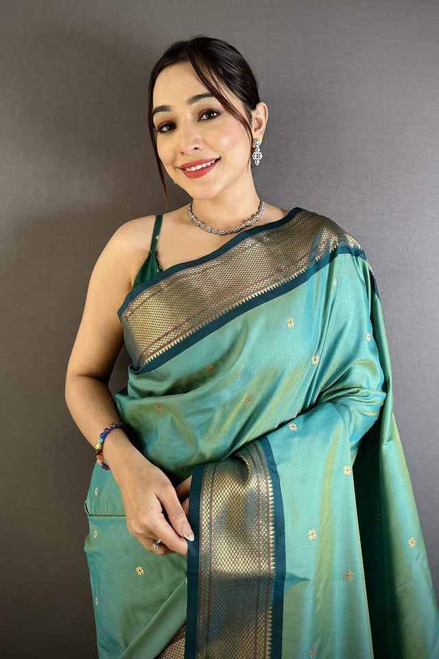 Sea Green Paithani Peacock Woven Silk Saree (ND508)