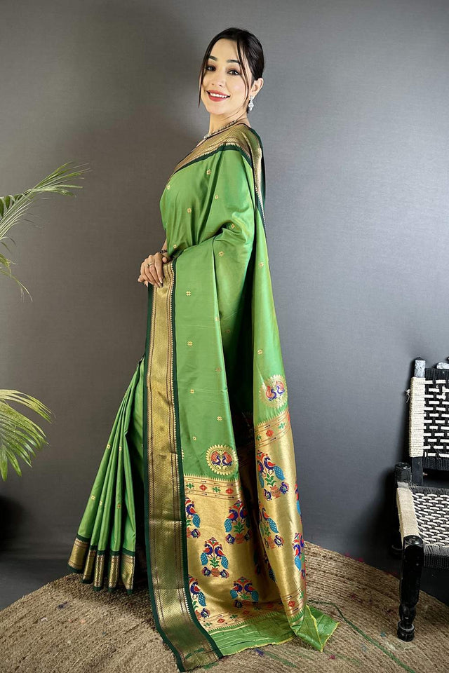 Green Paithani Peacock Woven Silk Saree (ND509)