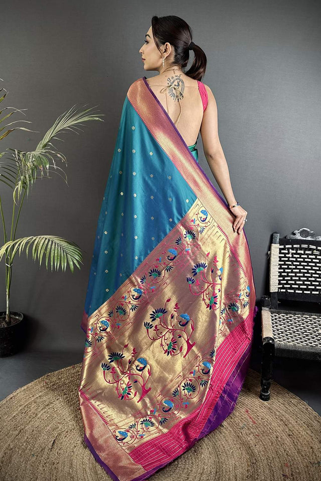Turquoise Paithani Peacock Woven Silk Saree (ND601)
