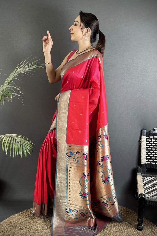 Dark Pink Paithani Peacock Woven Silk Saree (ND602)
