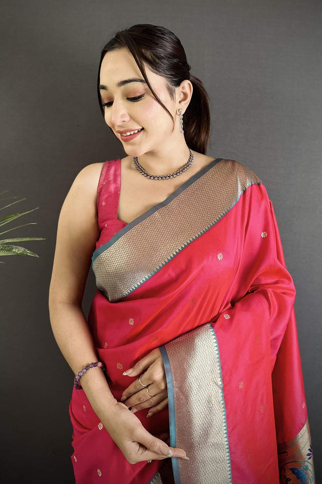 Dark Pink Paithani Peacock Woven Silk Saree (ND602)