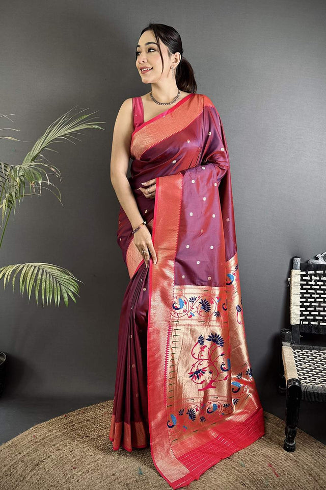 Wine Paithani Peacock Woven Silk Saree (ND603)