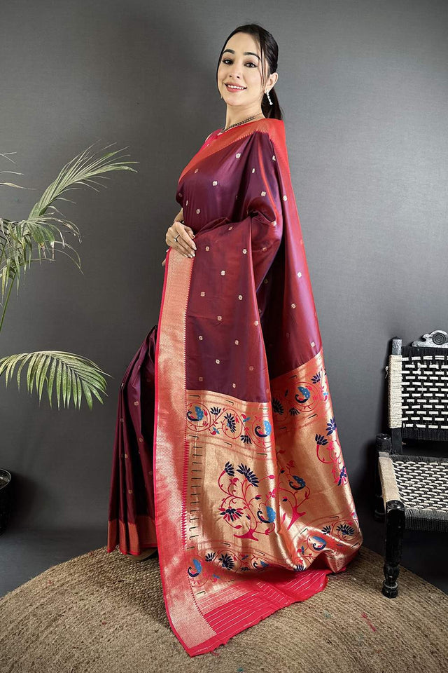 Wine Paithani Peacock Woven Silk Saree (ND603)