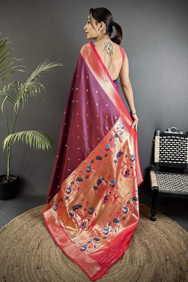 Wine Paithani Peacock Woven Silk Saree (ND603)