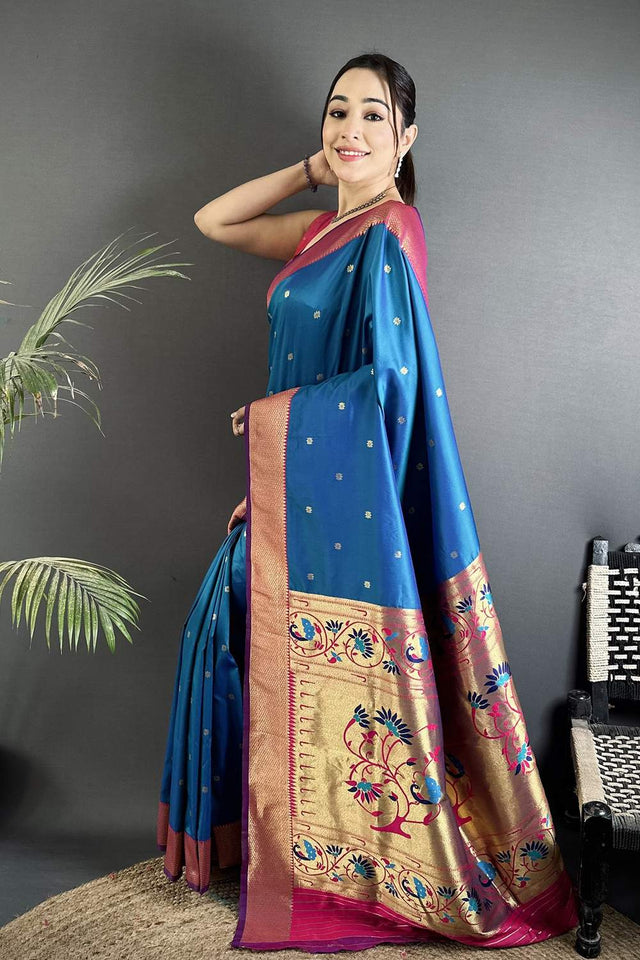 Blue Paithani Peacock Woven Silk Saree (ND604)
