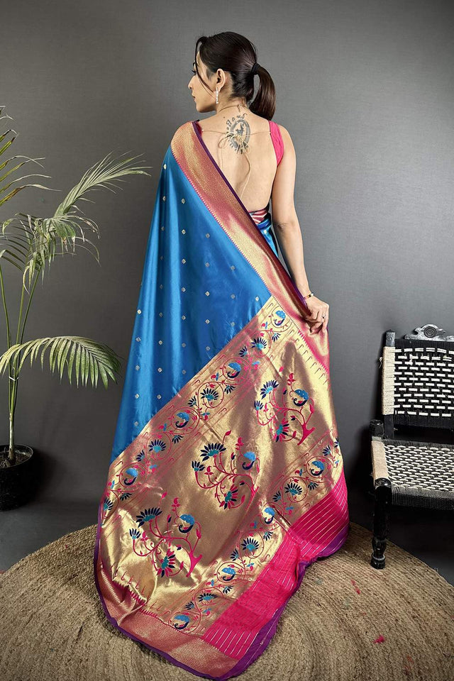 Blue Paithani Peacock Woven Silk Saree (ND604)