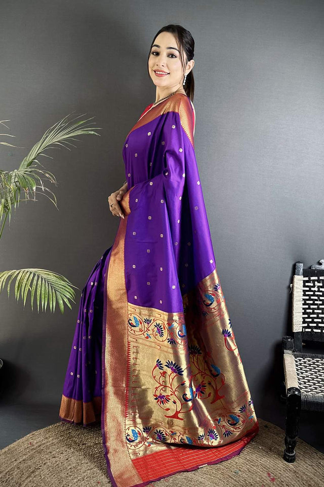 Purple Paithani Peacock Woven Silk Saree (ND605)