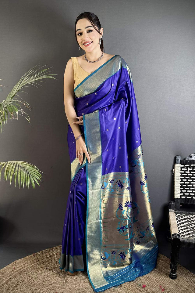 Royal Blue Paithani Peacock Woven Silk Saree (ND607)